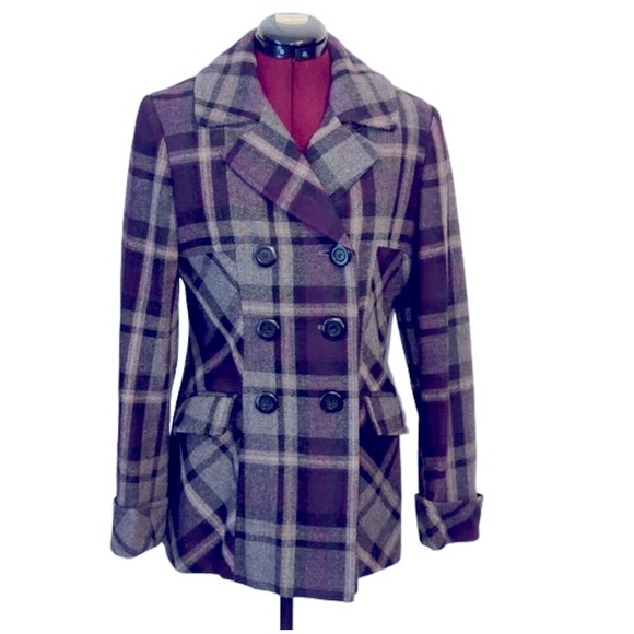 Moda International Wool Blend Purple Grey Plaid Tartan Winter Peacoat Women's XS - Picture 1 of 16